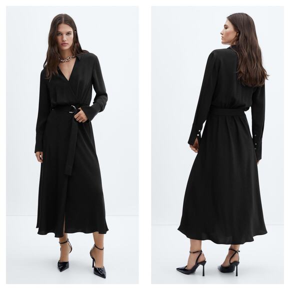NWT Mango Buckle Black Flowy Midi Dress Size 14 Long Sleeve Wrap Classic Chic - Picture 1 of 13